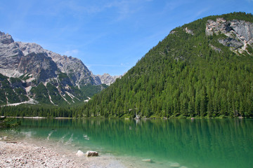 Fototapeta na wymiar Braies Lake in Dolomites mountains, Seekofel in background, Sudtirol, Italy