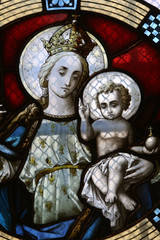 Virgin Mary with baby Jesus, stained glass window in Basilica Assumption of the Virgin Mary in Marija Bistrica, Croatia