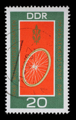 GDR stamp dedicated to Students Track cycling world championship in Erfurt, East Germany, circa...