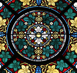 Fototapeta na wymiar Stained glass window in Basilica Assumption of the Virgin Mary in Marija Bistrica, Croatia