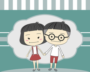 card of cute hipster couple in love with blue background