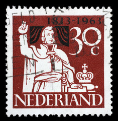 Stamp printed in the Netherlands shows Prince William Taking Oath of Allegiance, 150th Anniversary of the Kingdom of the Netherlands, circa 1963