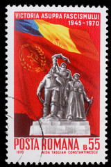 Stamp printed in Romania shows Victory Monument and flags of Romania and USSR  25 Years - Victory Over Fascism, circa 1970.
