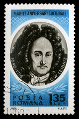 Stamp printed in Romania shows Gottfried Wilhelm von Leibniz (1646 – 1716) German polymath, mathematician and philosopher, circa 1966.