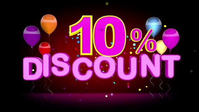 Colorful 10 Percent Discount Advertising on dark Background, seamless looping