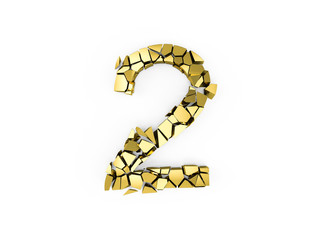 3d Number two destroyed whit gold surface isolated on a white background