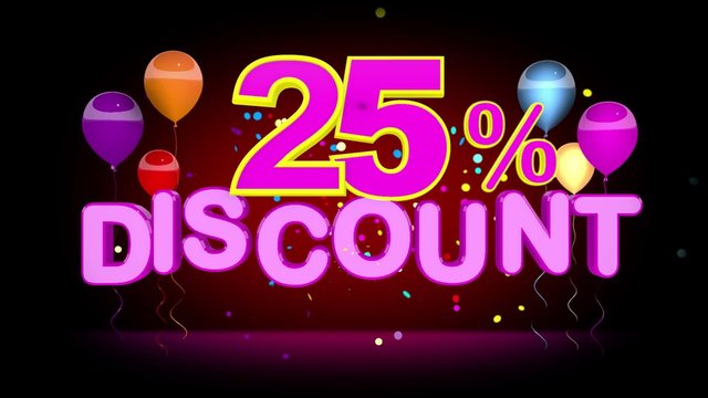 Colorful 25 Percent Discount Advertising on dark Background, seamless looping