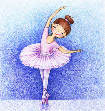 Child's picture of little ballet-dancer on the stage by the color pencils