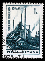 Stamp printed in Romania shows 220th anniversary of Hunedoara Iron and Steel works, circa 1974.