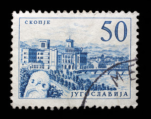 Stamp printed in Yugoslavia shows a Bridge at Skopje, with inscription 