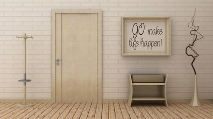 Motivation words Go make life happen in picture frame, entrance background on the decorative brick wall with wooden floor.
