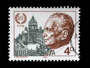 Stamp printed by Yugoslavia dedicated to the 1983 The 30th Anniversary of the Election of President...