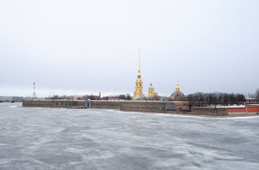 Frozen River Neva and bastion of Peter and Paul Fortress.