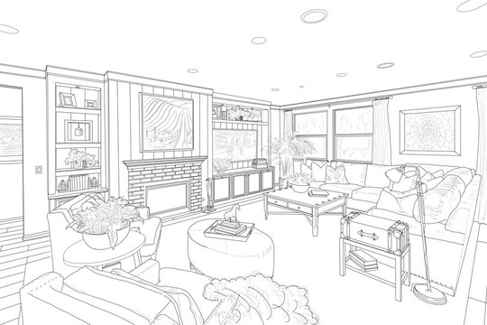 Black Line Drawing of a Custom Living Room