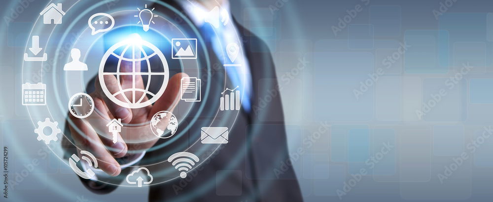 Poster businessman using digital tactile screen interface with web icon