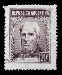 Stamp printed Argentina in shows portrait of Admiral Guillermo Brown (1777-1857) founder of the Argentine navy, circa 1959