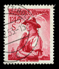 Stamp printed in Austria shows image woman in national Austrian costumes, Wilten, series, circa 1951