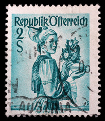 Stamp printed in the Austria shows Woman from Upper Austria, Regional Costume, circa 1948