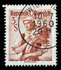 Stamp printed in Austria shows image woman in national Austrian costumes, Burgenland, series, circa 1949