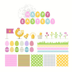 Happy Easter vector Set.Vector collection for easter design. Happy Easter isolated.Easter design elements.Cute  chicken,chick and other holiday elements with seamless pattern in stylish colors.