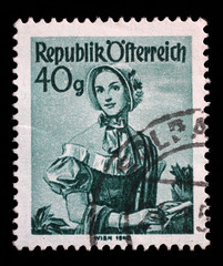 Stamp printed in Austria from the "Provincial Costumes" issue shows a woman from Vienna (1840), circa 1948.