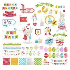Happy Easter vector Set.Vector collection for easter design. Happy Easter isolated.Easter design elements.Cute Bunnies, chicken, chick,ribbon and other graphic holiday elements in stylish colors.
