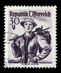 Stamp printed in Austria shows image woman in national Austrian costumes, Salzburg, Pongau , from the series "Costumes", circa 1950