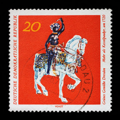 Stamp printed in GDR from the Art, The Grnes Gewolbe Dresden issue shows Mohr als Kesselpauker, circa 1971.