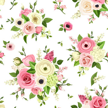 Vector seamless pattern with pink and white flowers on a white background.