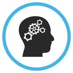 Brain Gears vector bicolor icon. Image style is a flat icon symbol inside a circle, blue and gray colors, white background.