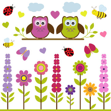 Vector set of spring theme. Spring trees, flowers, butterflies, ladybugs, love owls and other birds