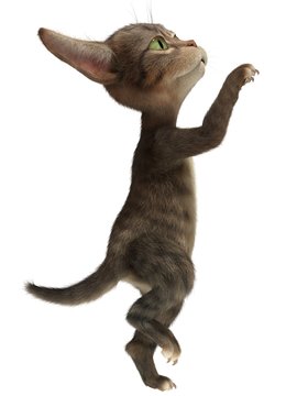 3D cat standing on his hind legs with an outstretched paw up. Isolated image on white background
