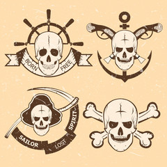 Obraz premium Vector set the pirates logo. logos with pirates on the old background. vintage, retro emblems in a grunge style.