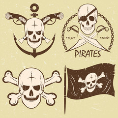 Vector set the pirates logo. logos with pirates on the old background. vintage, retro emblems in a grunge style.