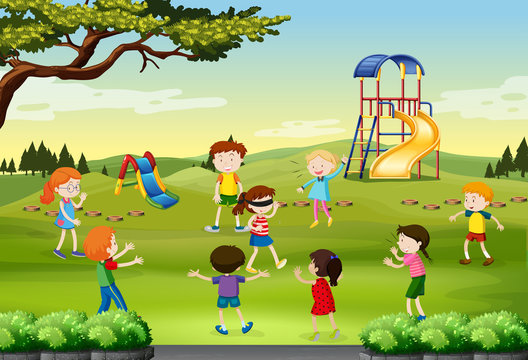 Children Playing Blind Folded In The Park