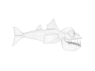 3d wireframe scary fish