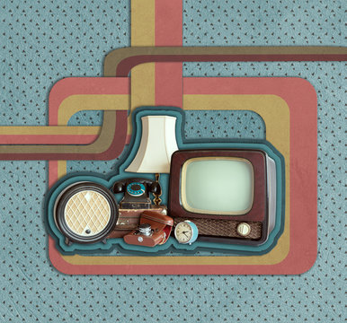 Old household items: TV, radio, camera, alarm, phone, table lamp