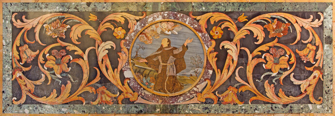 Rome - stone floral mosaic with st. John of Capistrano in church Basilica di Santa Maria in Aracoeli 