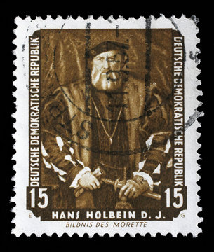 Stamp printed in DDR shows the painting Portrait of Morette, by Hans Holbein, from the series Famous Paintings from Dresden Gallery, circa 1957.