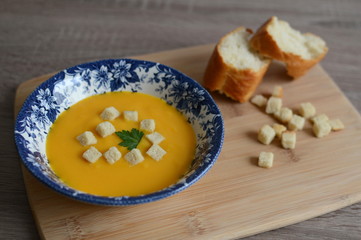 Pumpkin cream-soup with croutons