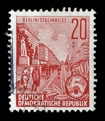 Stamp printed in GDR, shows Stalin Avenue with inscription Berlin, Stalin Avenue, series Five-year plan, circa 1955