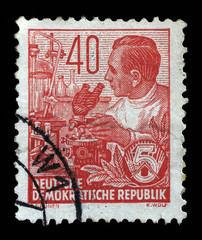 Stamp printed in GDR (German Democratic Republic - East Germany) shows a Chemist, chemical plant w/o inscription, from the series Workers For The Five-year Plan, circa 1953