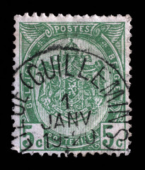 Stamp printed in Belgium shows Belgian coat of arms, circa 1893