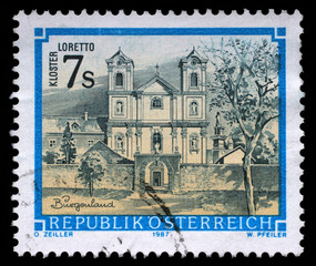 Stamp printed by Austria, shows Loretto monastery in Burgenland, circa 1987