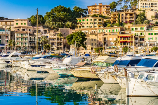 Port of Soller Majorca Spain with yachts and mediterranean houses