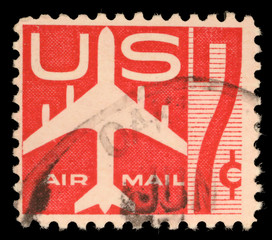 United States postage stamp in the value of 7c used for overseas air mail deliveries showing air...