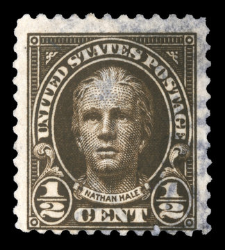Stamp printed in the United States, shows the portrait of the Nathan Hale (1755-1776) was a soldier for the Continental Army and postmark Youngstown Ohio, circa 1925