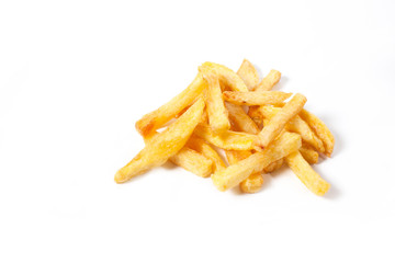 a lot of delicious french fries cooked at home on a white background