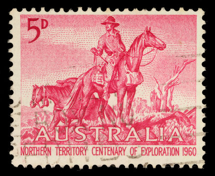 Stamp Printed In The Australia Shows The Overlanders By Sir Daryl Lindsay, Centenary Of Exploration Of Australias Northern Territory, Circa 1960