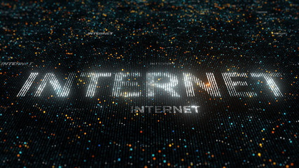 computer theme word made of random dots on fractured string background with glow, abstract digital background with depth of field, particle style illustration